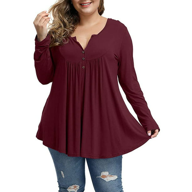 Womens Plus Burgundy Cotton and Lace Long Sleeve Henley Shirt Top 